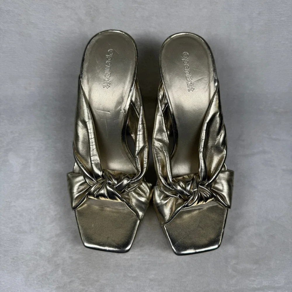 Open Edit Kaia Gold Metallic Knotted Platform Block Heel Sandals‎ Womens 7M